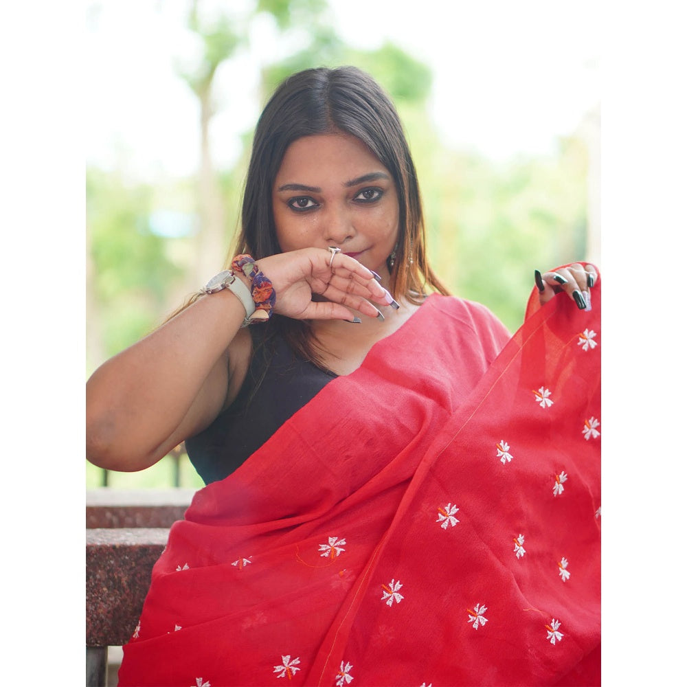 Odette Womens Red Embroidered Cotton Saree with Unstitched Blouse