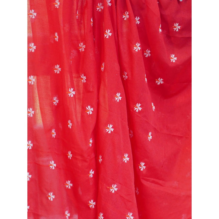 Odette Womens Red Embroidered Cotton Saree with Unstitched Blouse