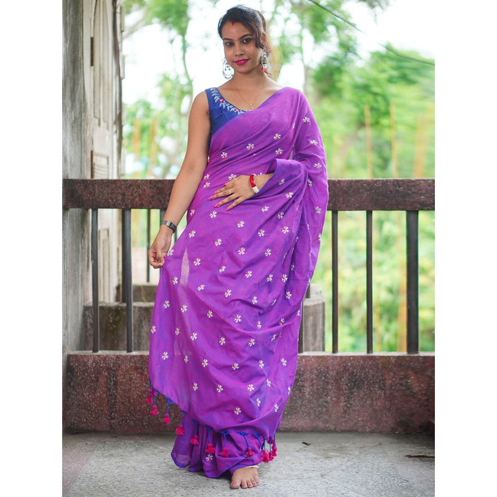 Odette Womens Purple Embroidered Cotton Saree with Unstitched Blouse