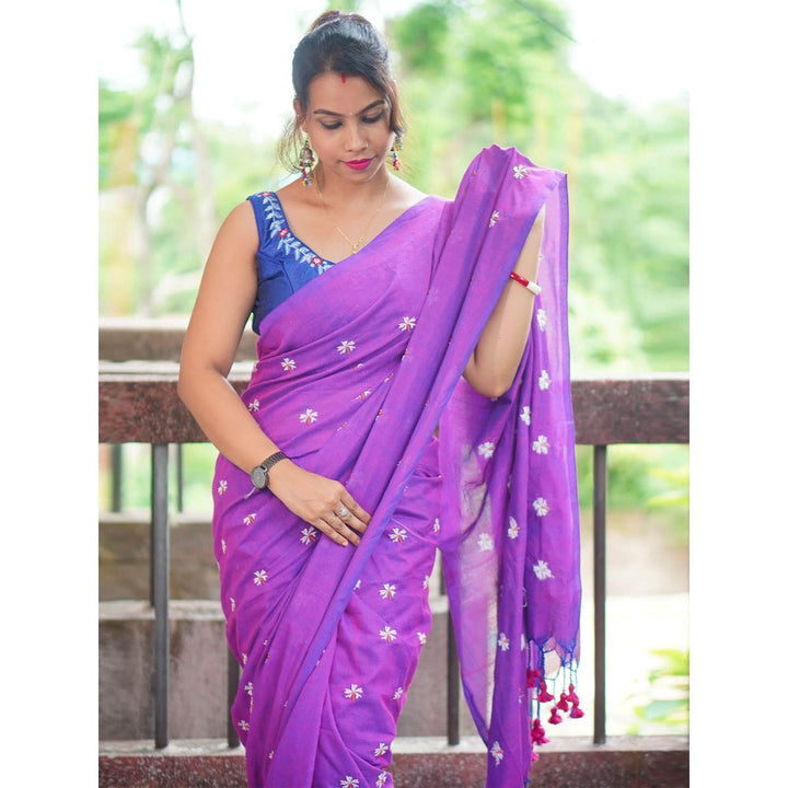 Odette Womens Purple Embroidered Cotton Saree with Unstitched Blouse