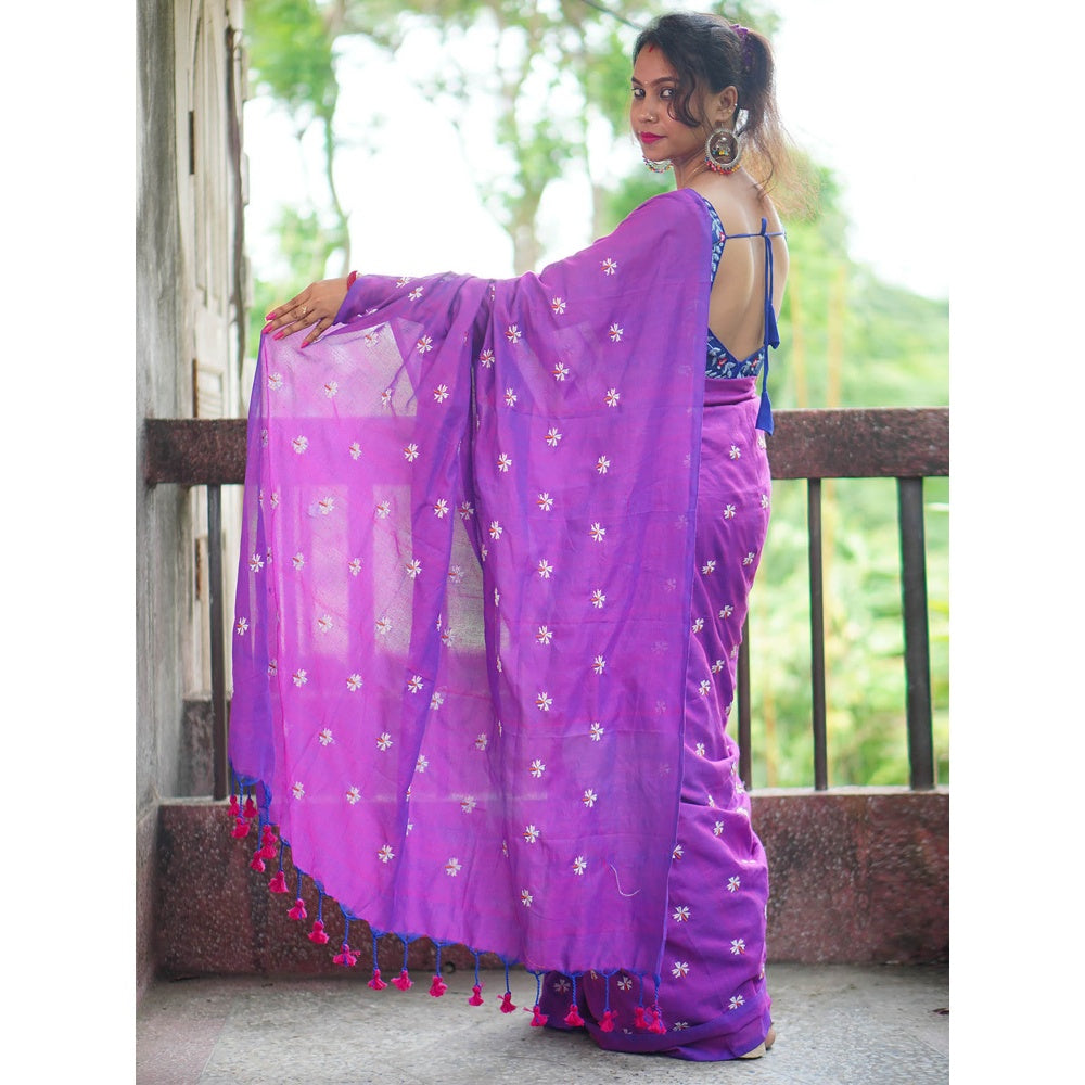 Odette Womens Purple Embroidered Cotton Saree with Unstitched Blouse