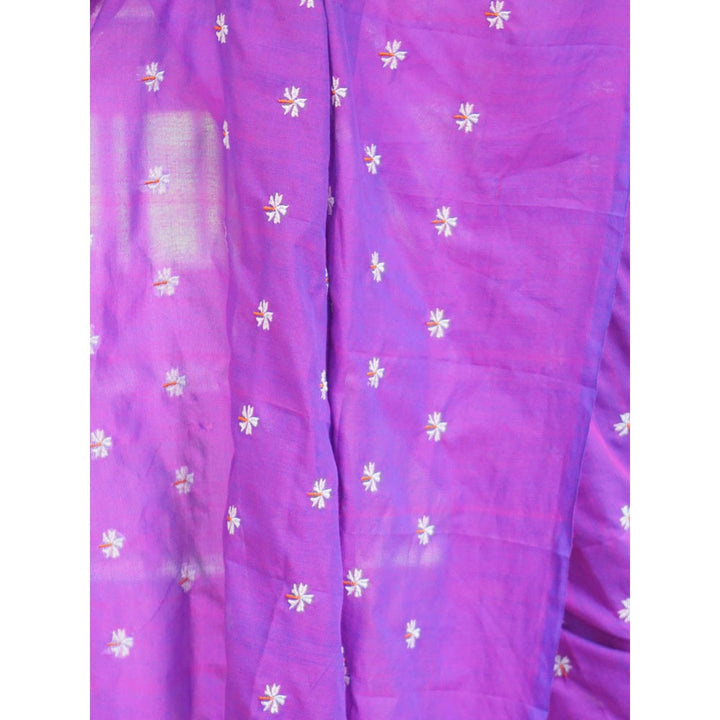 Odette Womens Purple Embroidered Cotton Saree with Unstitched Blouse