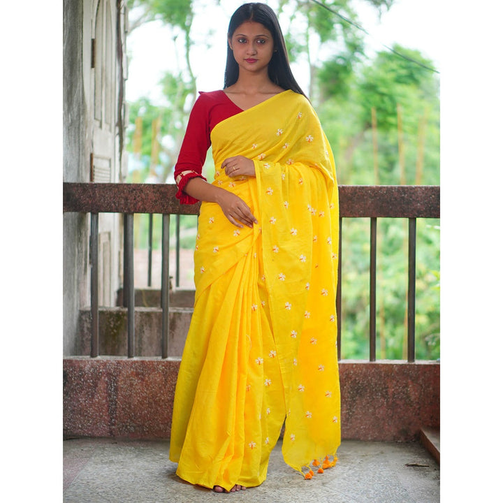 Odette Womens Yellow Embroidered Cotton Saree with Unstitched Blouse