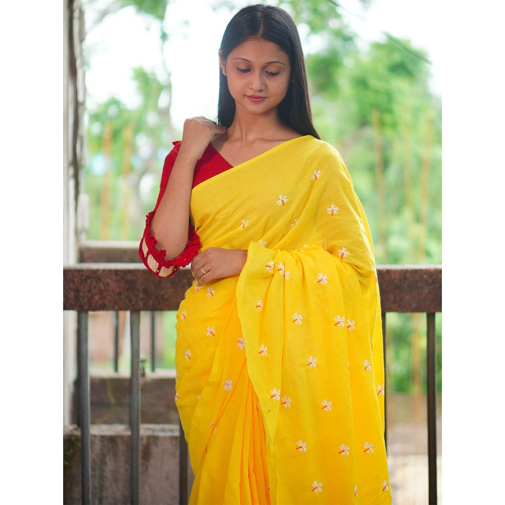 Odette Womens Yellow Embroidered Cotton Saree with Unstitched Blouse