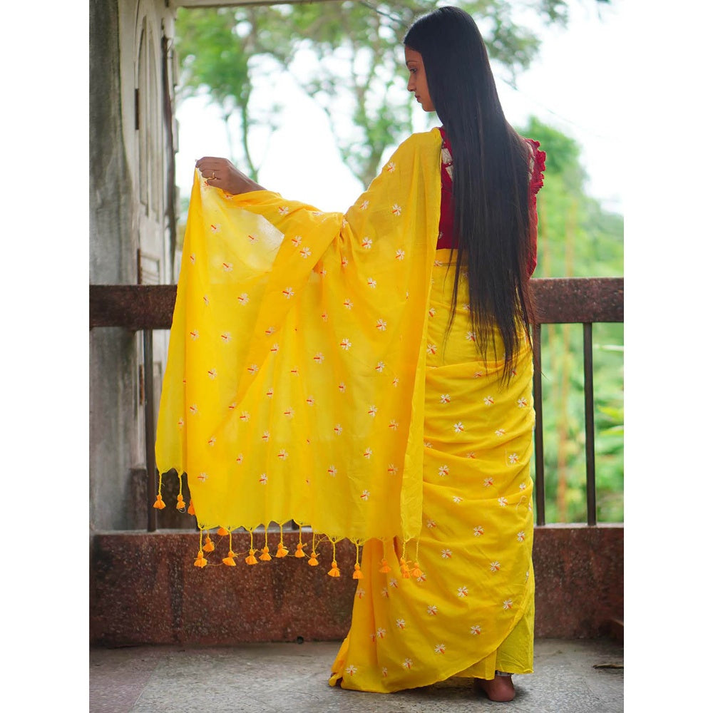 Odette Womens Yellow Embroidered Cotton Saree with Unstitched Blouse