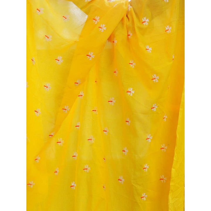 Odette Womens Yellow Embroidered Cotton Saree with Unstitched Blouse