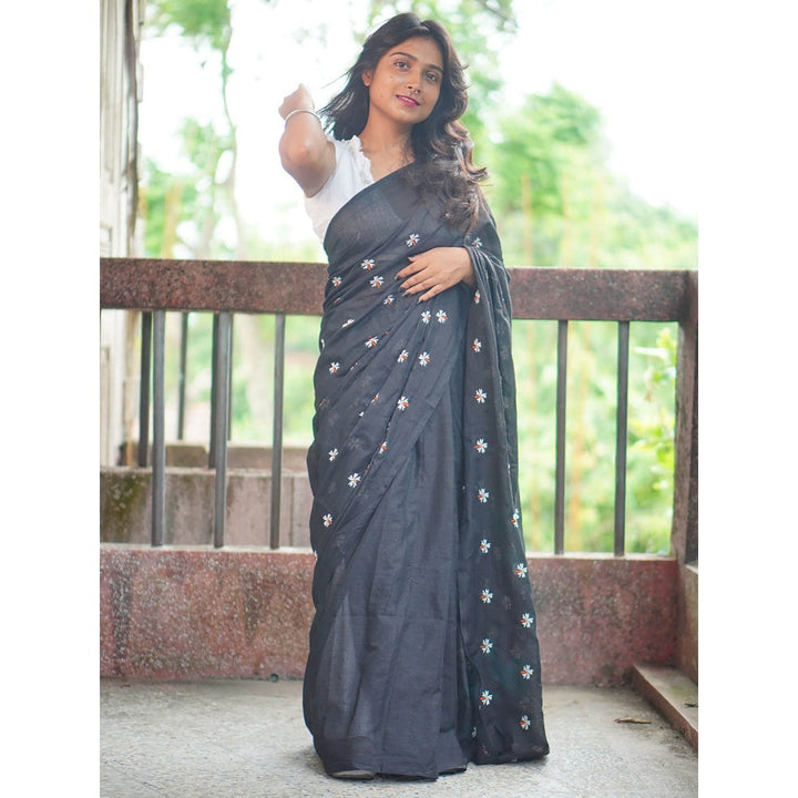 Odette Womens Black Embroidered Cotton Saree with Unstitched Blouse