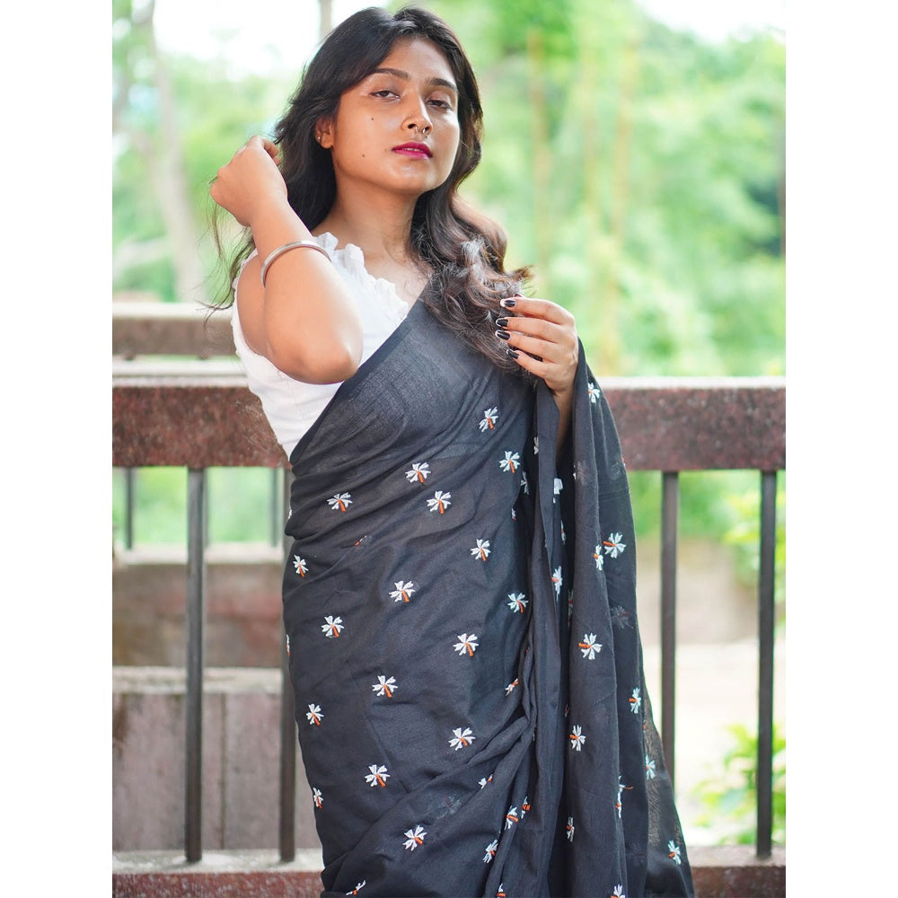 Odette Womens Black Embroidered Cotton Saree with Unstitched Blouse