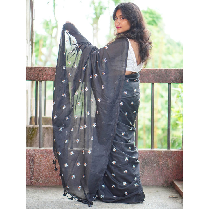 Odette Womens Black Embroidered Cotton Saree with Unstitched Blouse