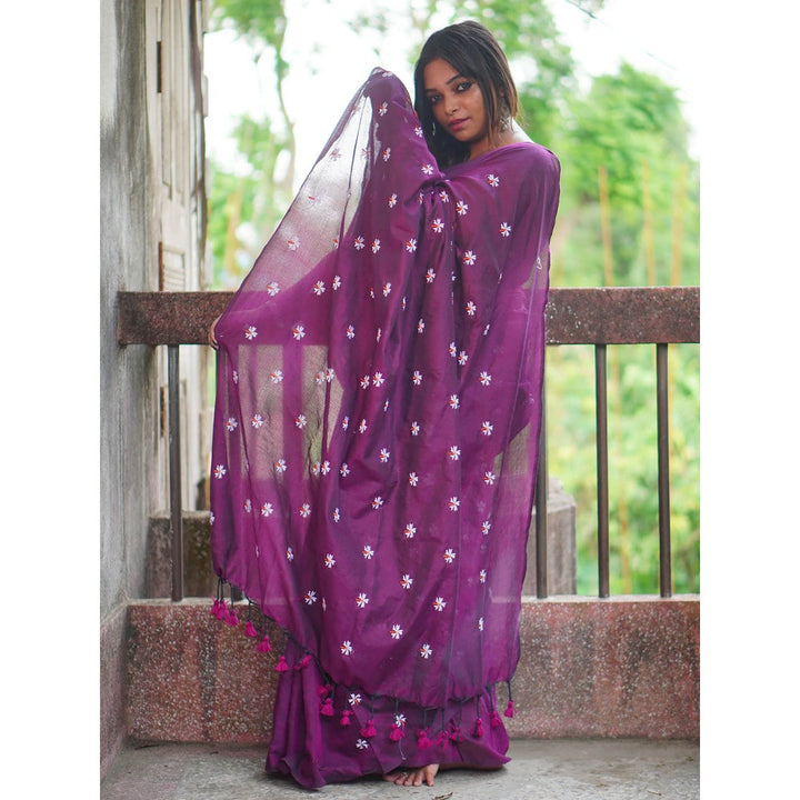 Odette Womens Purple Embroidered Cotton Saree with Unstitched Blouse