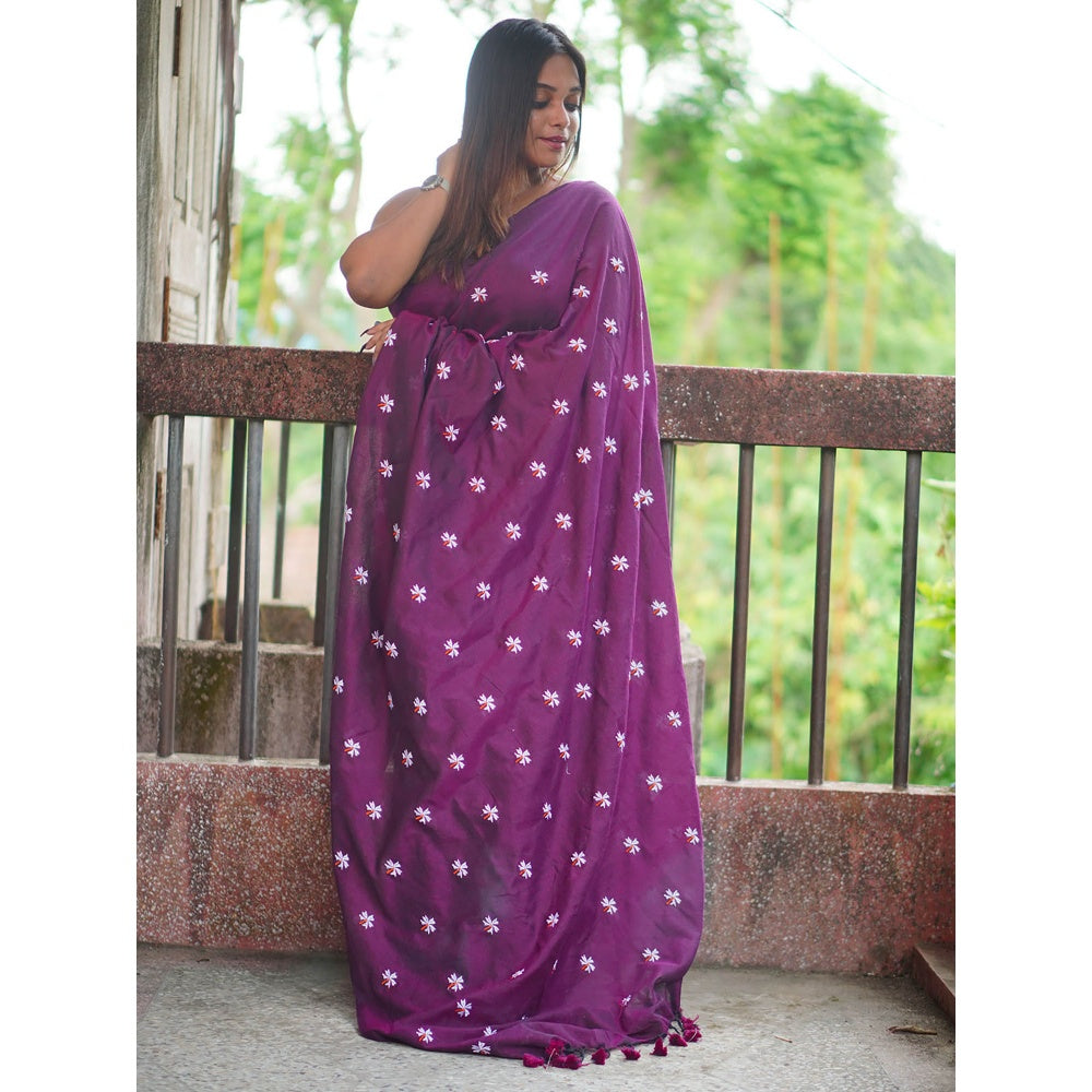 Odette Womens Purple Embroidered Cotton Saree with Unstitched Blouse