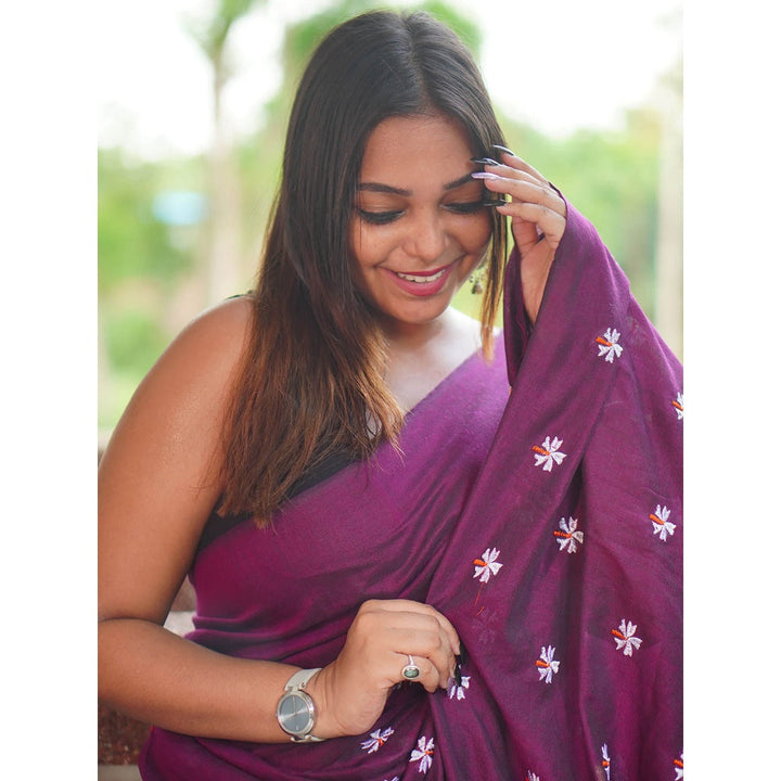 Odette Womens Purple Embroidered Cotton Saree with Unstitched Blouse