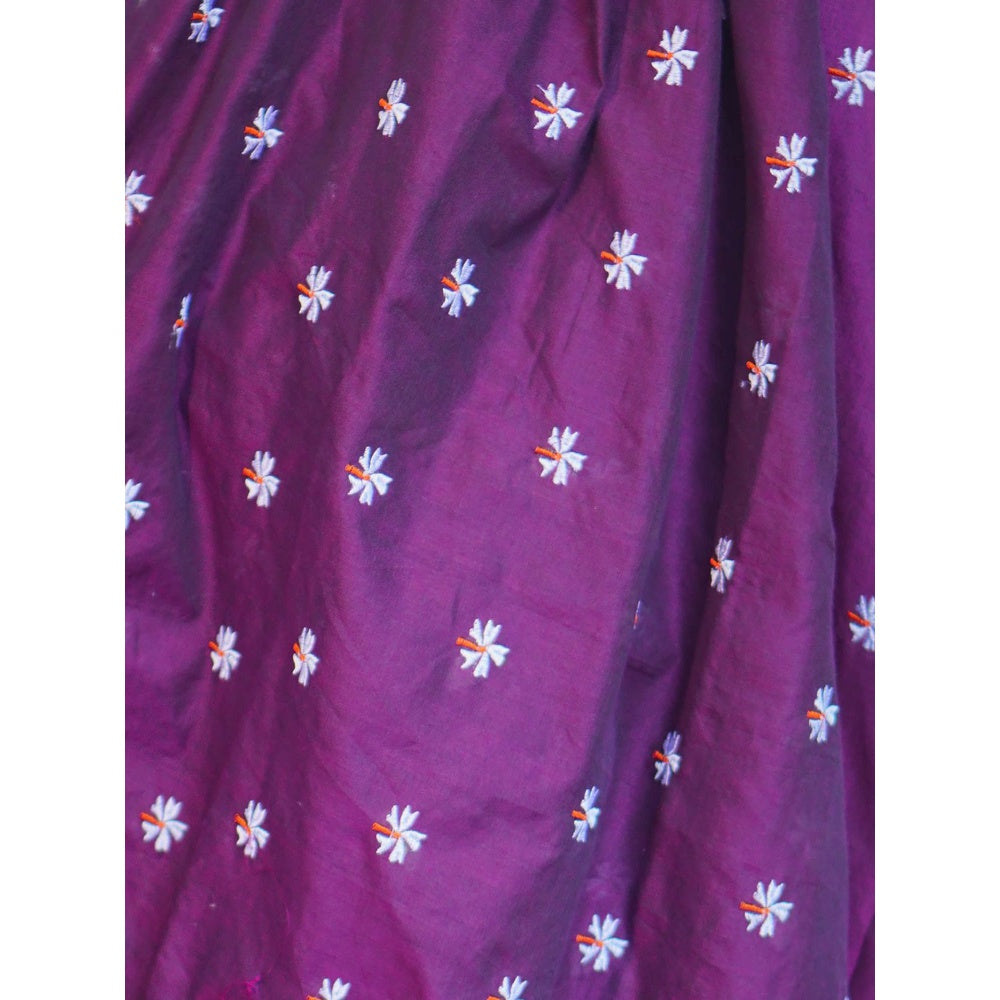 Odette Womens Purple Embroidered Cotton Saree with Unstitched Blouse