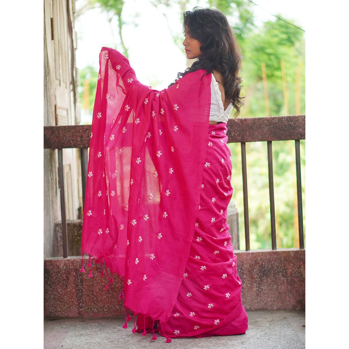 Odette Womens Pink Embroidered Cotton Saree with Unstitched Blouse