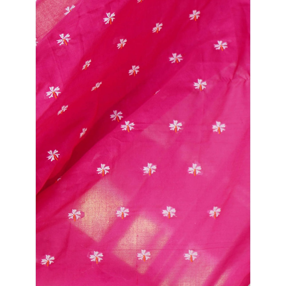 Odette Womens Pink Embroidered Cotton Saree with Unstitched Blouse