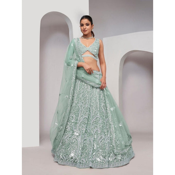 Odette Green Net Embellished Semi Stitched Lehenga with Unstitched Blouse and Dupatta (Set of 3)