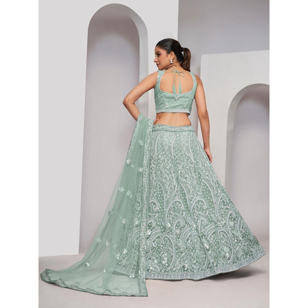 Odette Green Net Embellished Semi Stitched Lehenga with Unstitched Blouse and Dupatta (Set of 3)