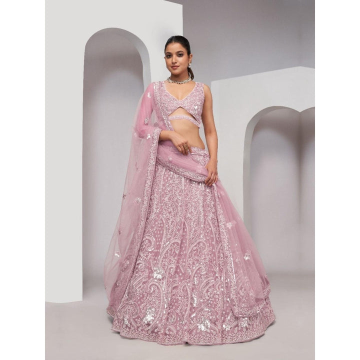 Odette Lavender Net Embellished Semi Stitched Lehenga with Unstitched Blouse and Dupatta (Set of 3)