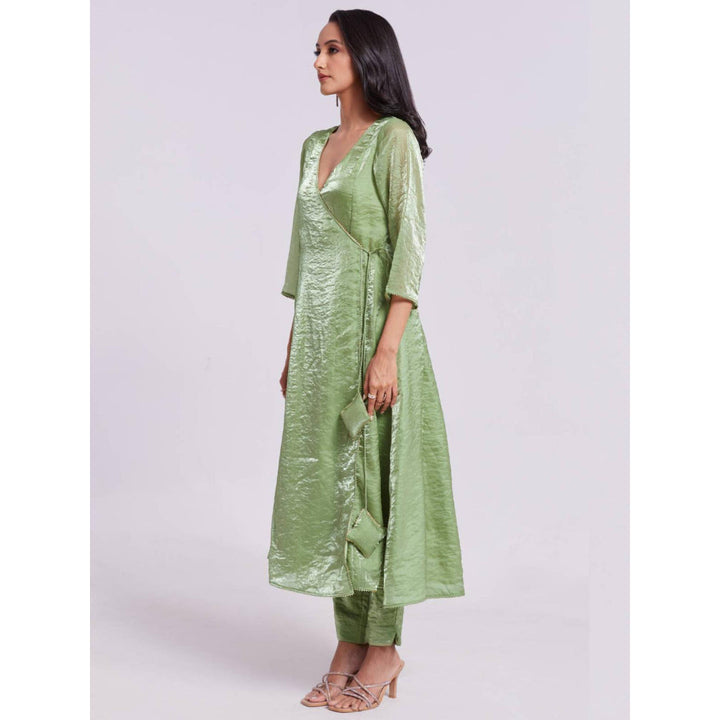 Odette Green Organza Solid Angarkha and Pant (Set of 2)