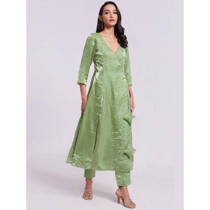 Odette Green Organza Solid Angarkha and Pant (Set of 2)