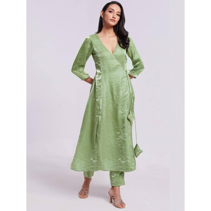 Odette Green Organza Solid Angarkha and Pant (Set of 2)