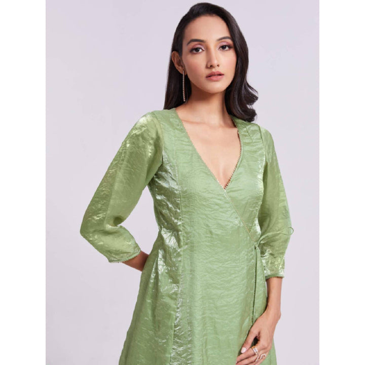 Odette Green Organza Solid Angarkha and Pant (Set of 2)