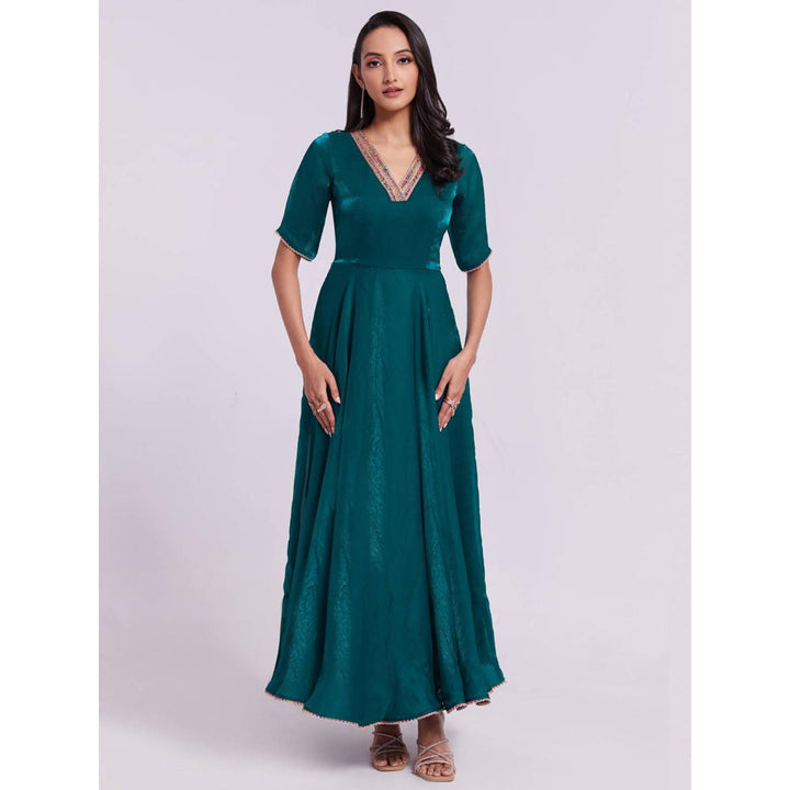 Odette Teal Organza Solid Stitched Gown for Women