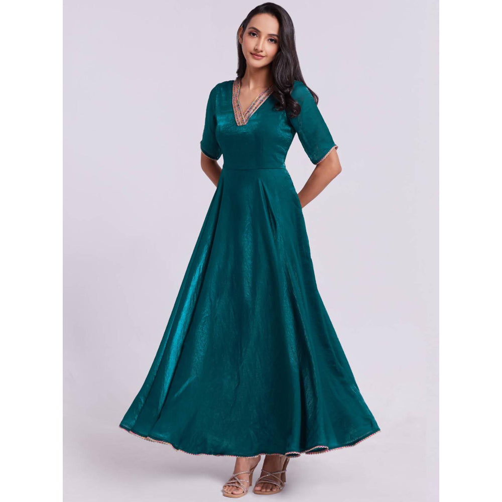 Odette Teal Organza Solid Stitched Gown for Women