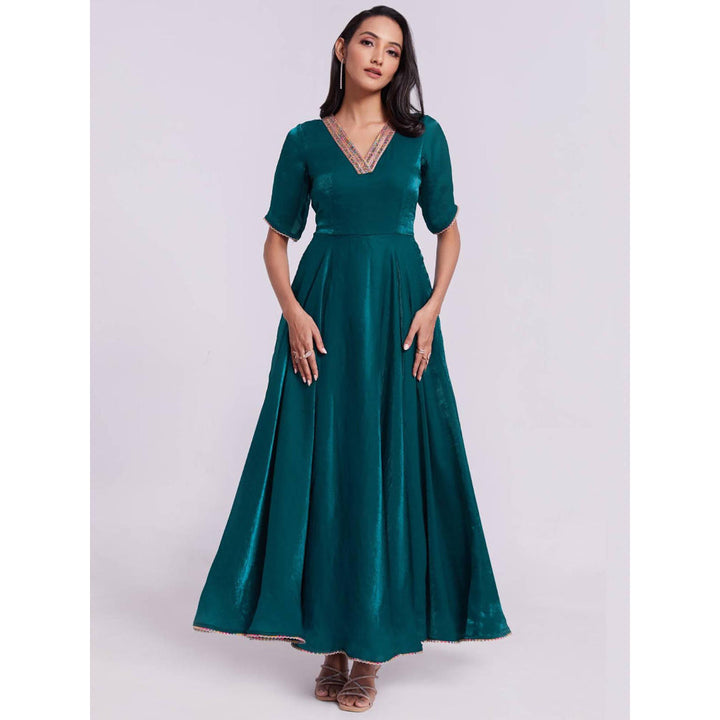 Odette Teal Organza Solid Stitched Gown for Women