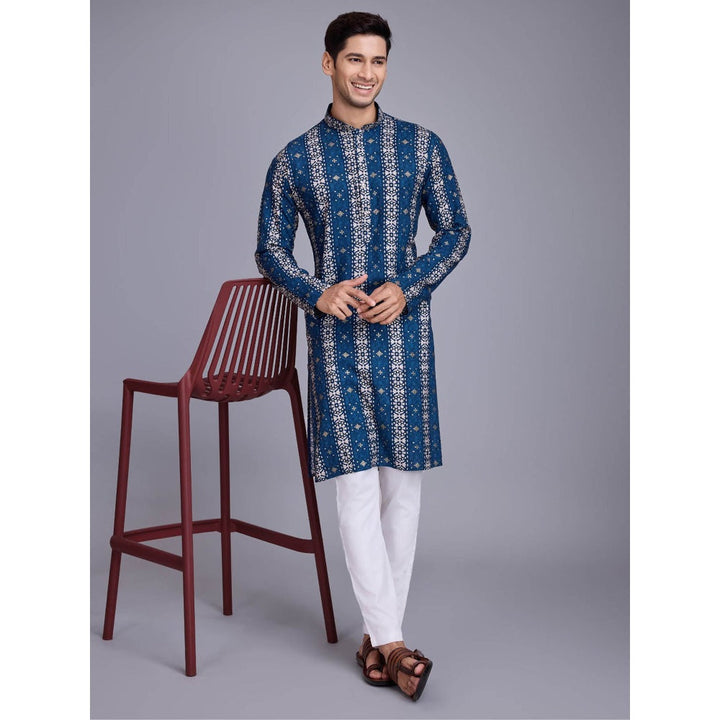 Odette Men Blue Rayon Printed Stitched Kurta