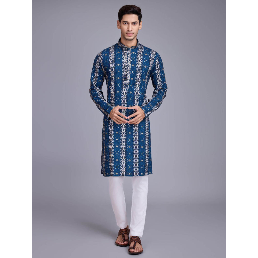 Odette Men Blue Rayon Printed Stitched Kurta