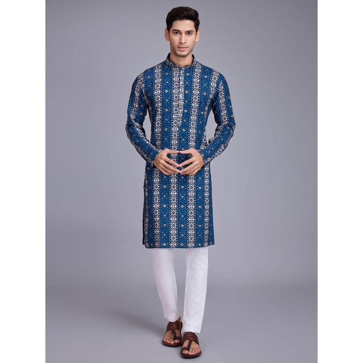 Odette Men Blue Rayon Printed Stitched Kurta