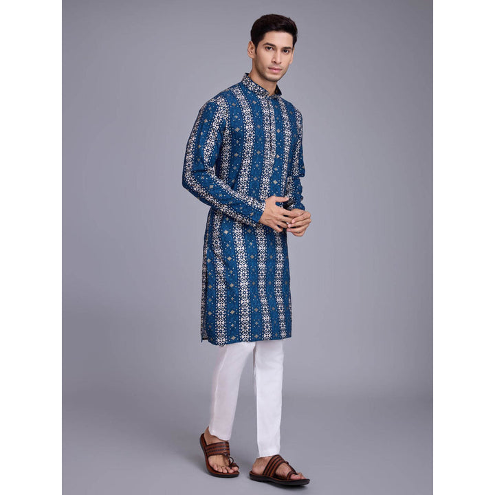 Odette Men Blue Rayon Printed Stitched Kurta