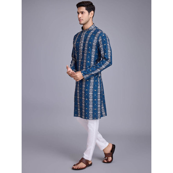 Odette Men Blue Rayon Printed Stitched Kurta