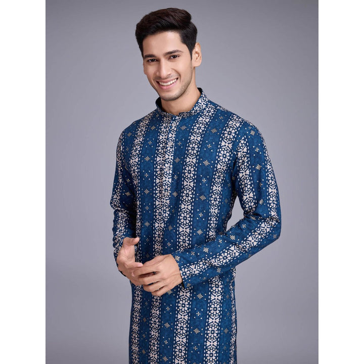 Odette Men Blue Rayon Printed Stitched Kurta