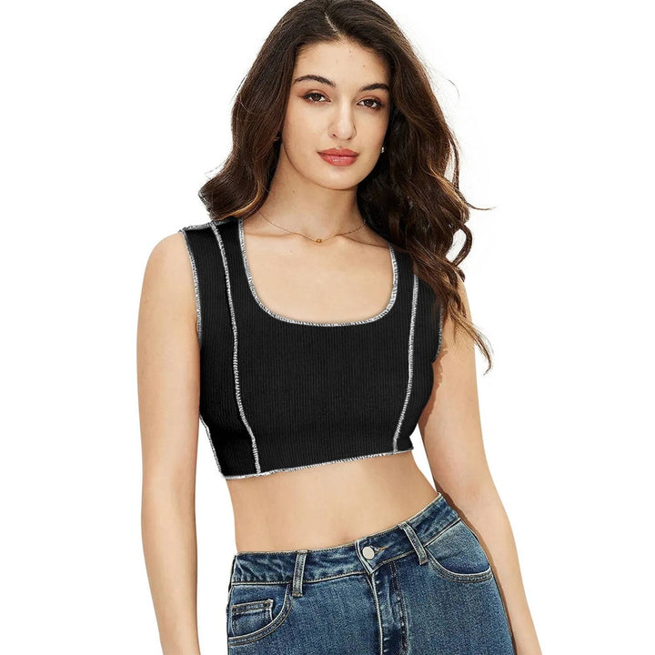 Odette Black Cotton Solid Crop Top for Women