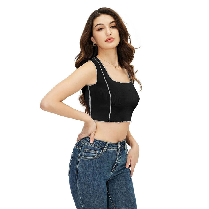 Odette Black Cotton Solid Crop Top for Women