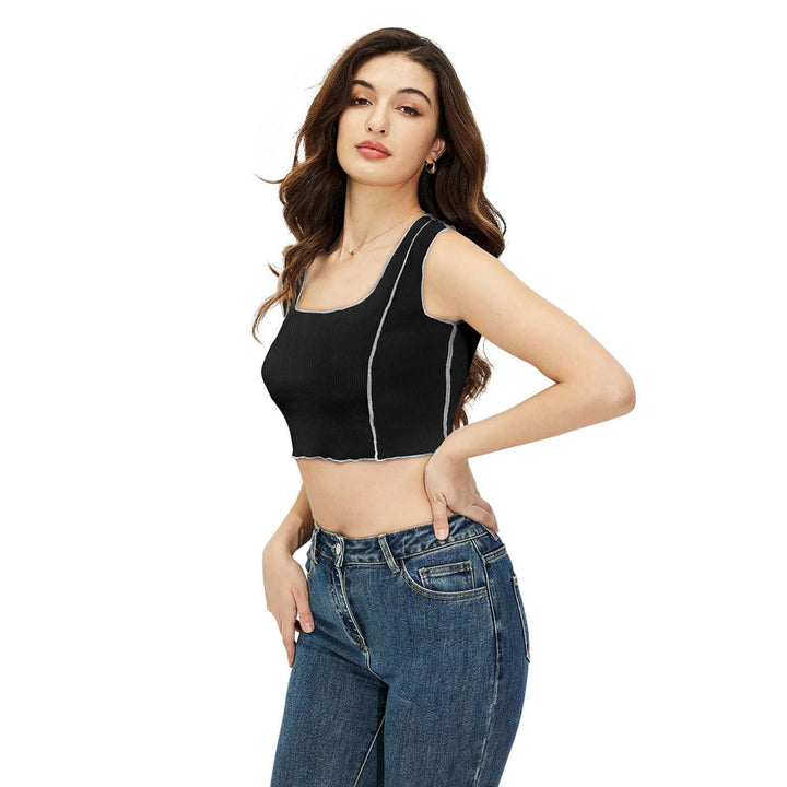 Odette Black Cotton Solid Crop Top for Women