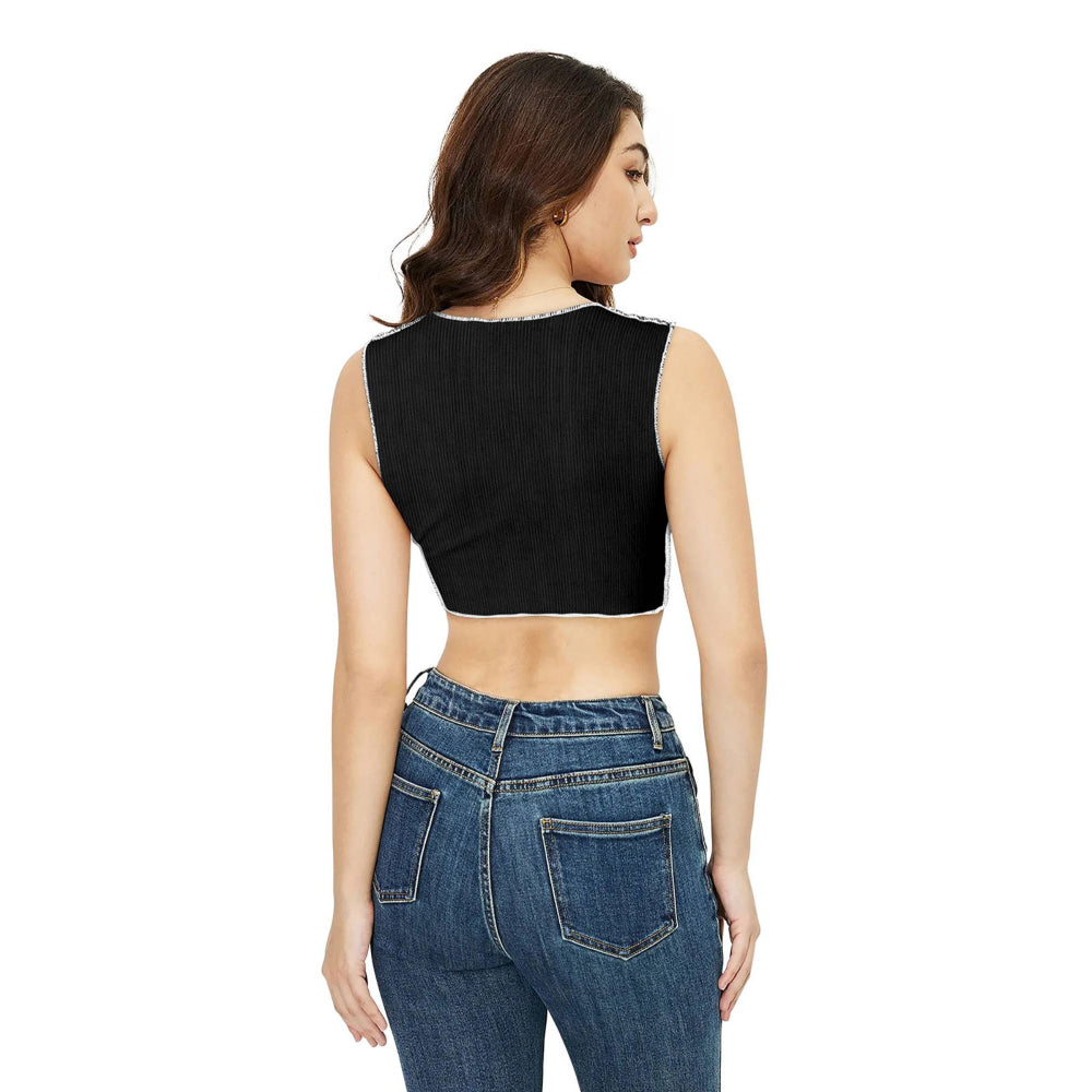 Odette Black Cotton Solid Crop Top for Women