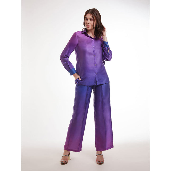 Odette Women Blue and Purple Satin Ombre Printed Co-Ord (Set of 2)