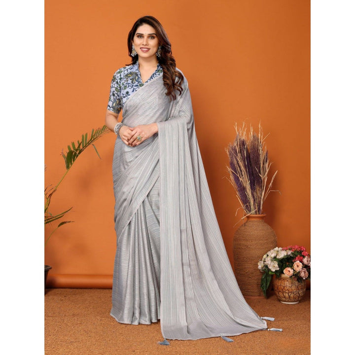 Odette Women Grey Polyester Solid Saree with Unstitched Blouse