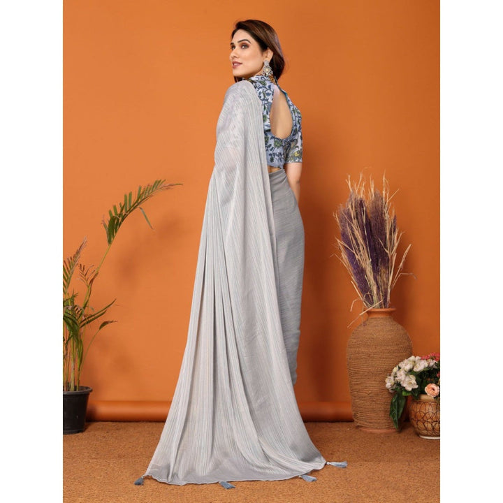 Odette Women Grey Polyester Solid Saree with Unstitched Blouse