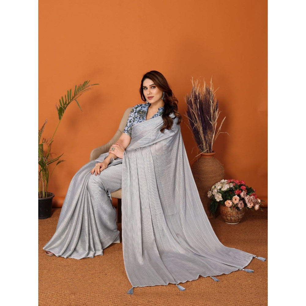 Odette Women Grey Polyester Solid Saree with Unstitched Blouse