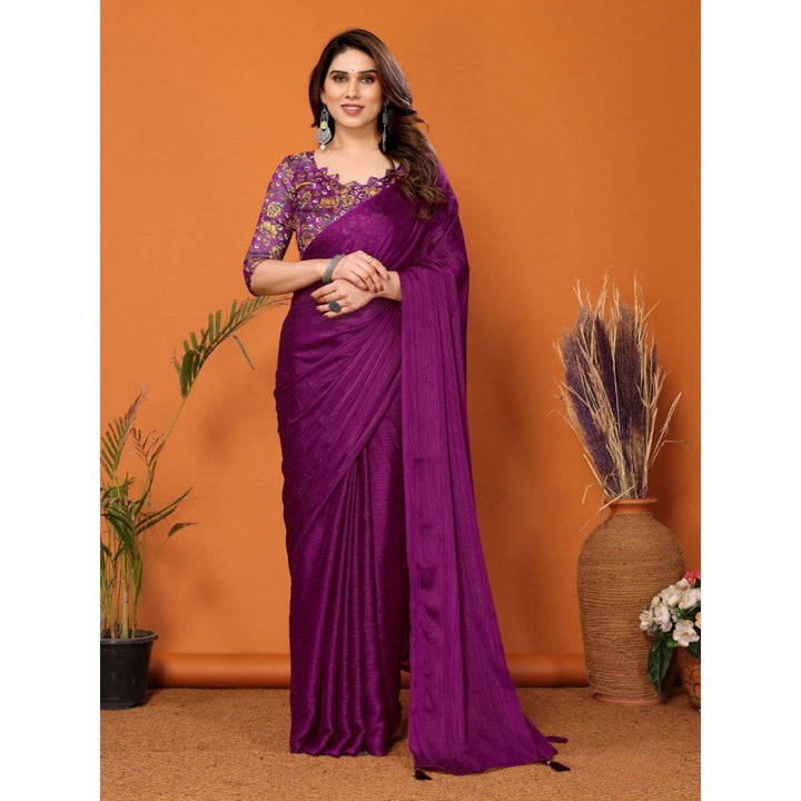 Odette Women Purple Polyester Solid Saree with Unstitched Blouse