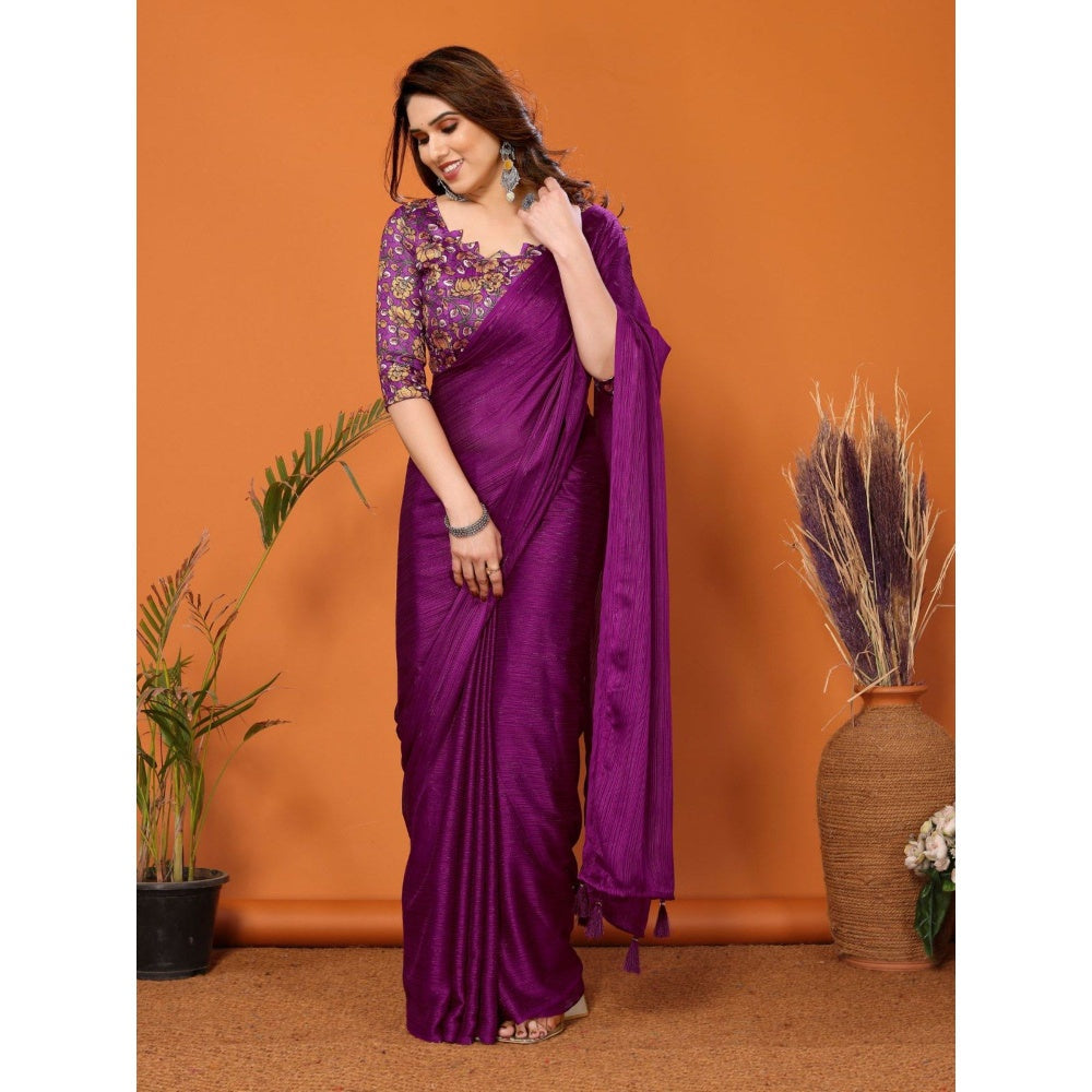 Odette Women Purple Polyester Solid Saree with Unstitched Blouse