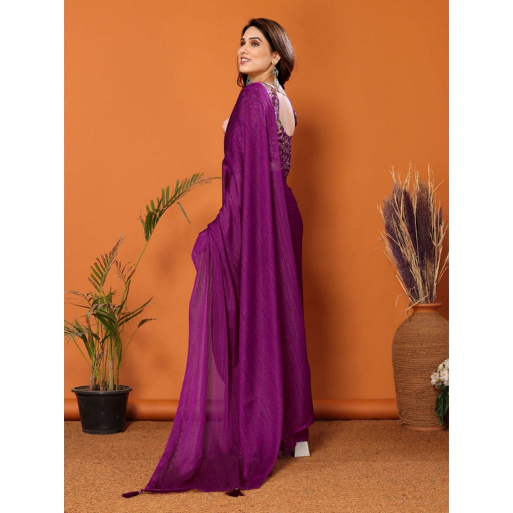 Odette Women Purple Polyester Solid Saree with Unstitched Blouse