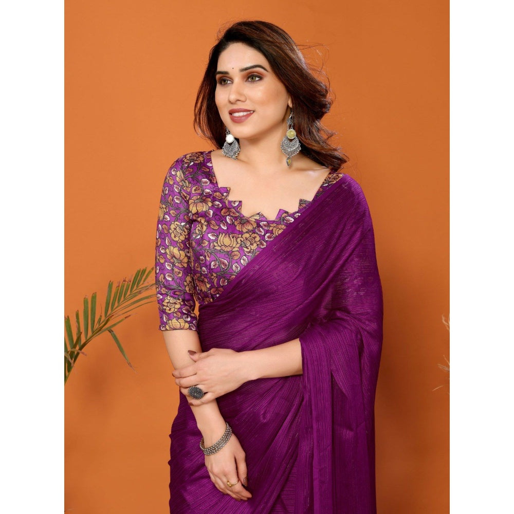 Odette Women Purple Polyester Solid Saree with Unstitched Blouse