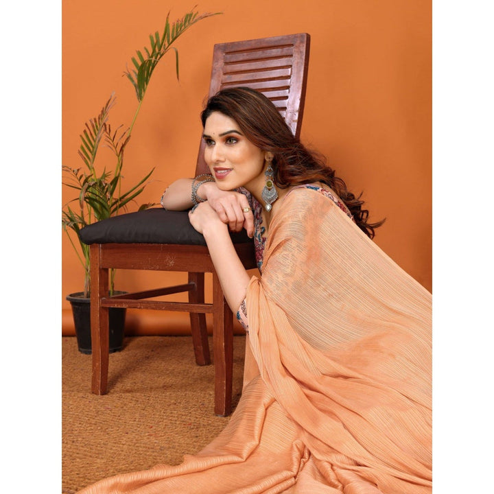 Odette Women Orange Polyester Solid Saree with Unstitched Blouse