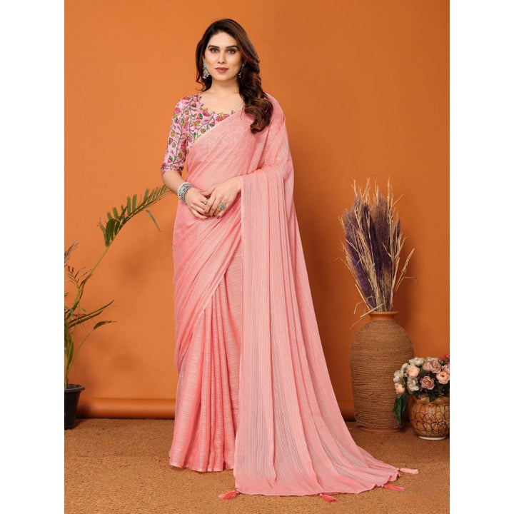 Odette Women Peach Polyester Solid Saree with Unstitched Blouse