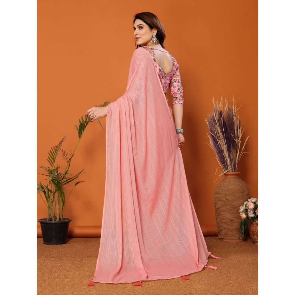 Odette Women Peach Polyester Solid Saree with Unstitched Blouse